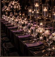 Long formal table with candles, white flowers, and black and plum place settings
